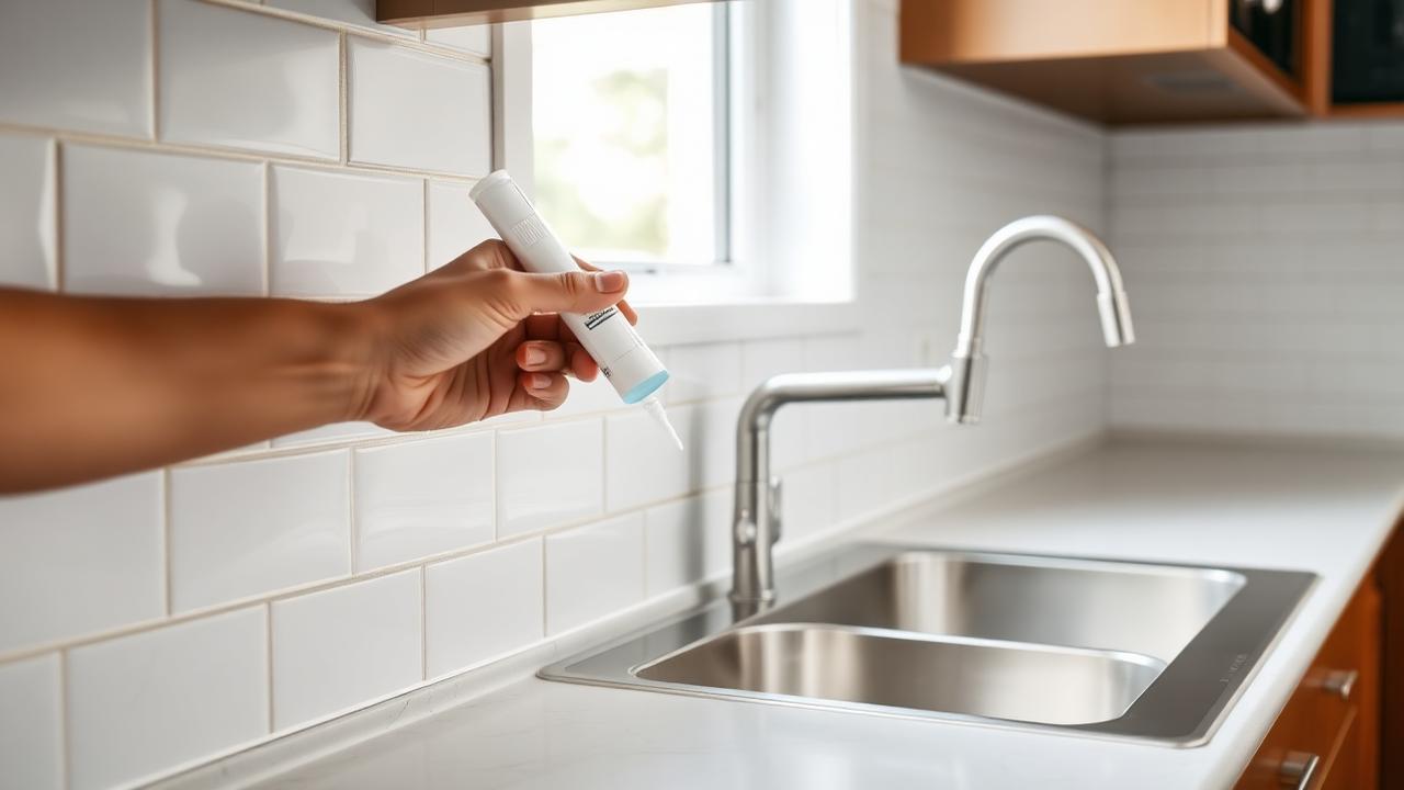 Keuken kitten — strakke kitnaden bij werkblad en achterwand Sanitairkit aangebracht tussen keukenblad en witte tegelwand