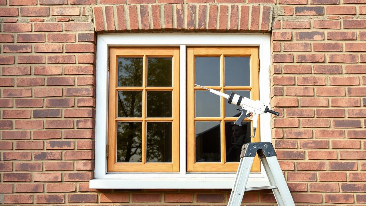 Kozijnen kitten — MS-polymeerkit voor gevels Houten kozijn in bakstenen gevel met kitspuit op ladder