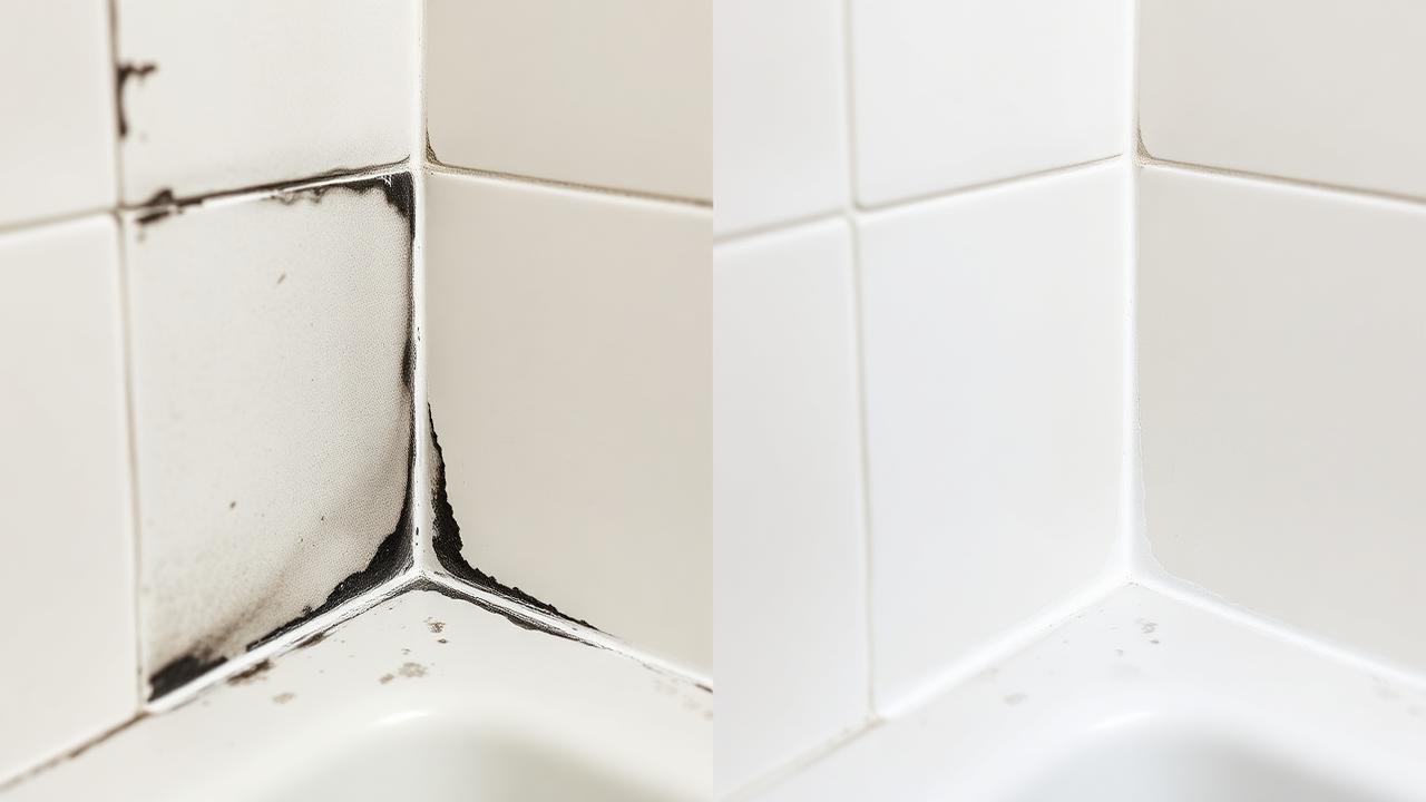 Schimmelkit vervangen — van zwart naar smetteloos wit Voor- en na-vergelijking: zwarte schimmelkit naast strakke witte nieuwe kit