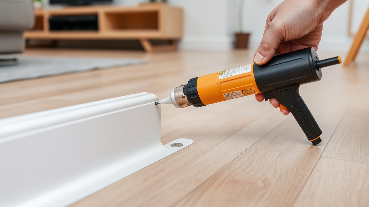 Vloeren afkitten — strakke plint- en dilatatienaden Kitspuit brengt flexibele kit aan tussen plint en houten vloer